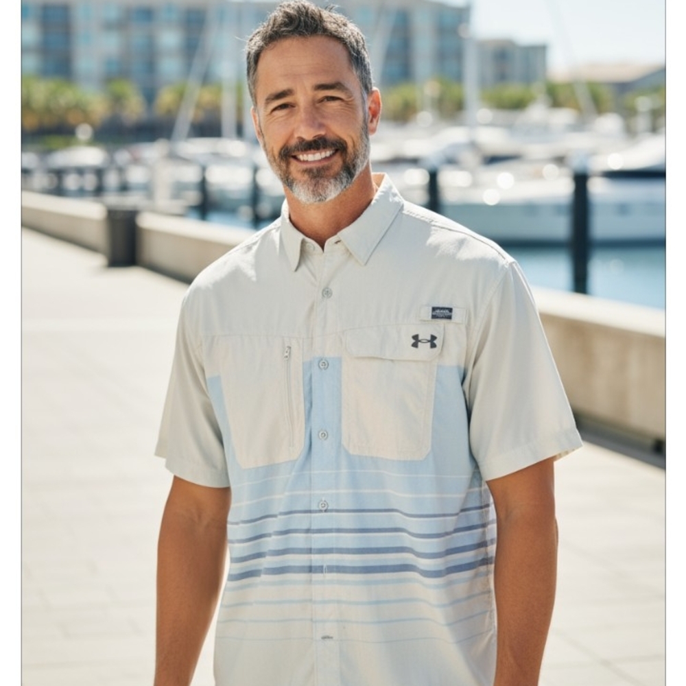 Under Armour Heat Gear Men's Striped Button Down Shirt - Grey and Light Blue Lg